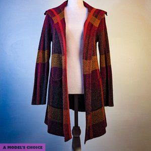 CHRISTOPHER & BANKS ORANGE RED YELOW PLAID LONG SWEATER CARDIGAN - WOMENS MEDIUM